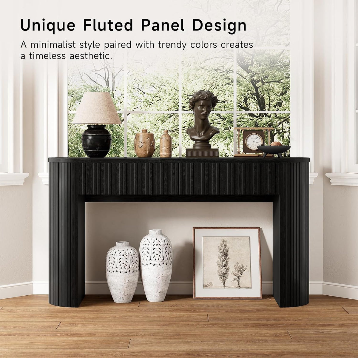 Console Table with Storage Drawers, 55 Inch Fluted Entryway Tables, Mid-Century Sofa Table Behind Couch, Wood Thin Hallway Tables, Modern Foyer Table for Living Room, Hallway, Accent Home Decor Black