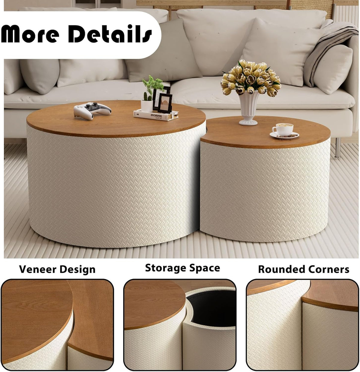 26.8" Nesting Round Coffee Table Set of 2 with Storage | Stackable Round Side End Table Nesting Set, White Upholstery, Wood Frame, Built-In Storage, For Small Living Space