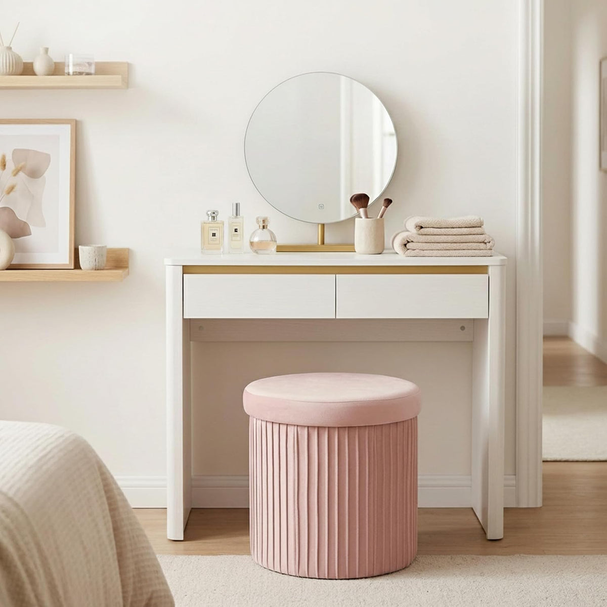 Relaxdays Velvet Stool with Storage Space Padded Foldable H 38 x D 38 cm Round Side Stool Pink