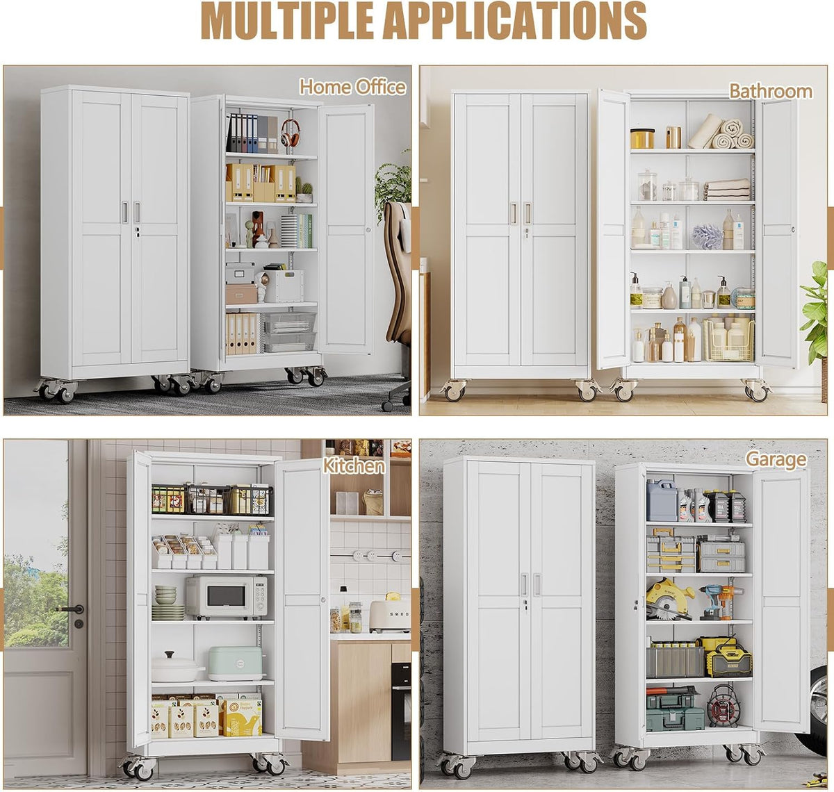 71" H Metal Pantry Storage Cabinet with Wheels,Rolling Kitchen Pantry Cabinet with 2 Doors and 4 Adjustable Shelves, Locker Steel Cabinet,Organization Cabinet for Garage,Home,Gym,School,White