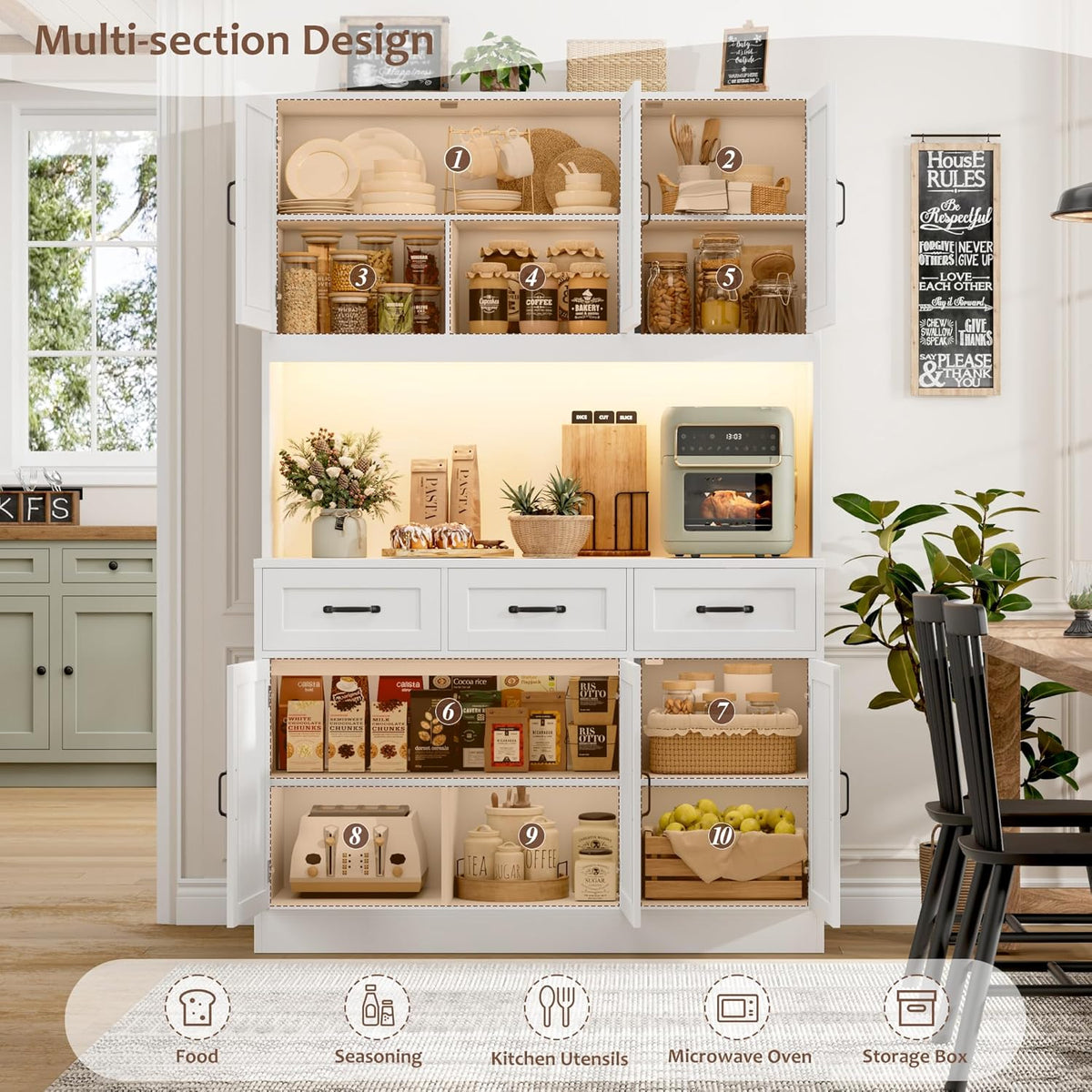 HOSTACK Kitchen Pantry Storage Cabinet, Tall Kitchen Hutch Cabinet, White | 47"W Food Pantry Cabinet with Smart LED / Charging Station / Countertop / 3 Large Drawers, 72"H Storage Hutch, Dining Room