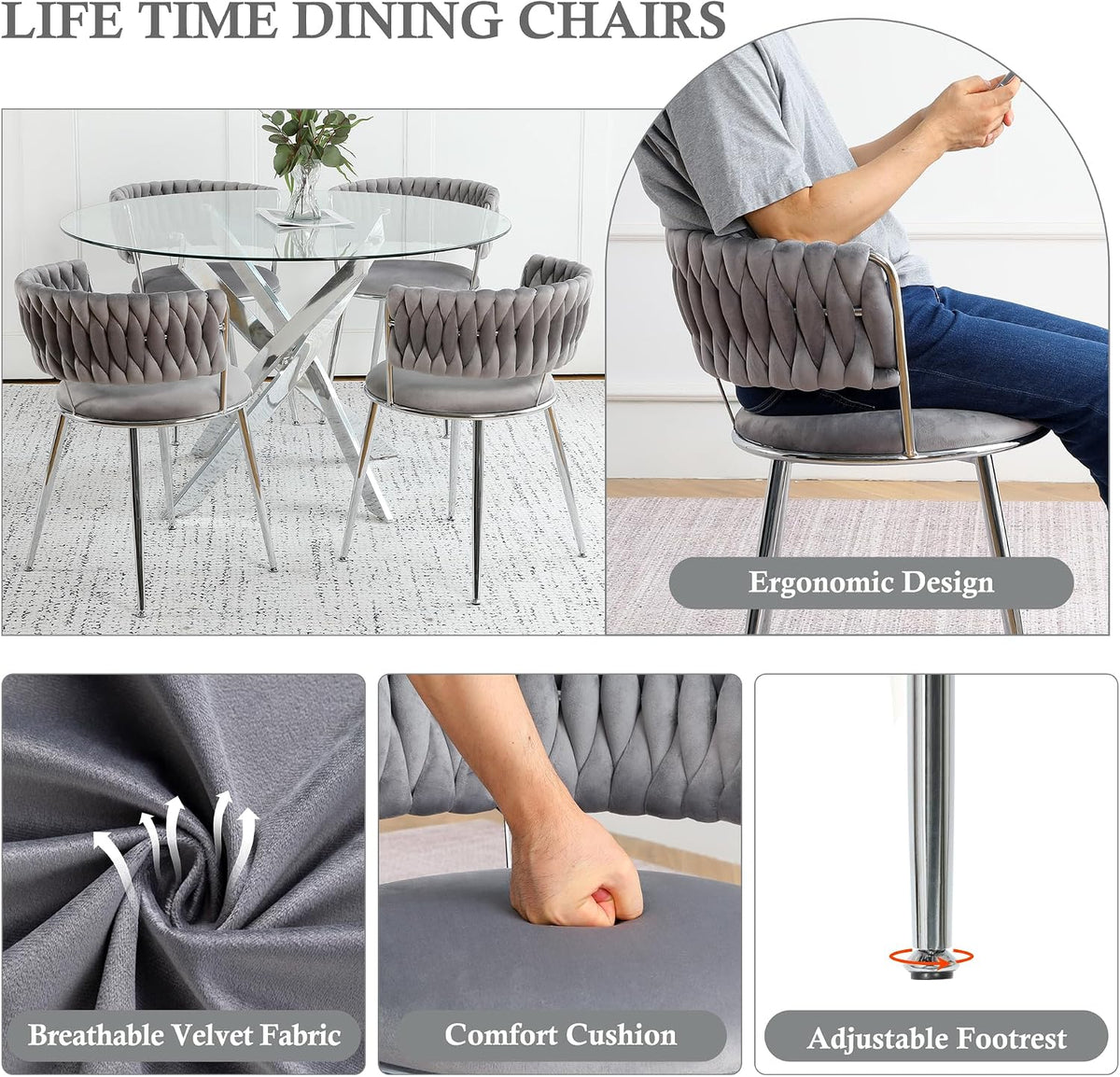 Modern Minimalism Circle Dining Table Set of 4, 36'' Round Tempered Glass Table Top with Silver Base & 4 Grey Silver Velvet Dining Chairs, 5-Piece Dining Room Table Set (Easy Assembly)