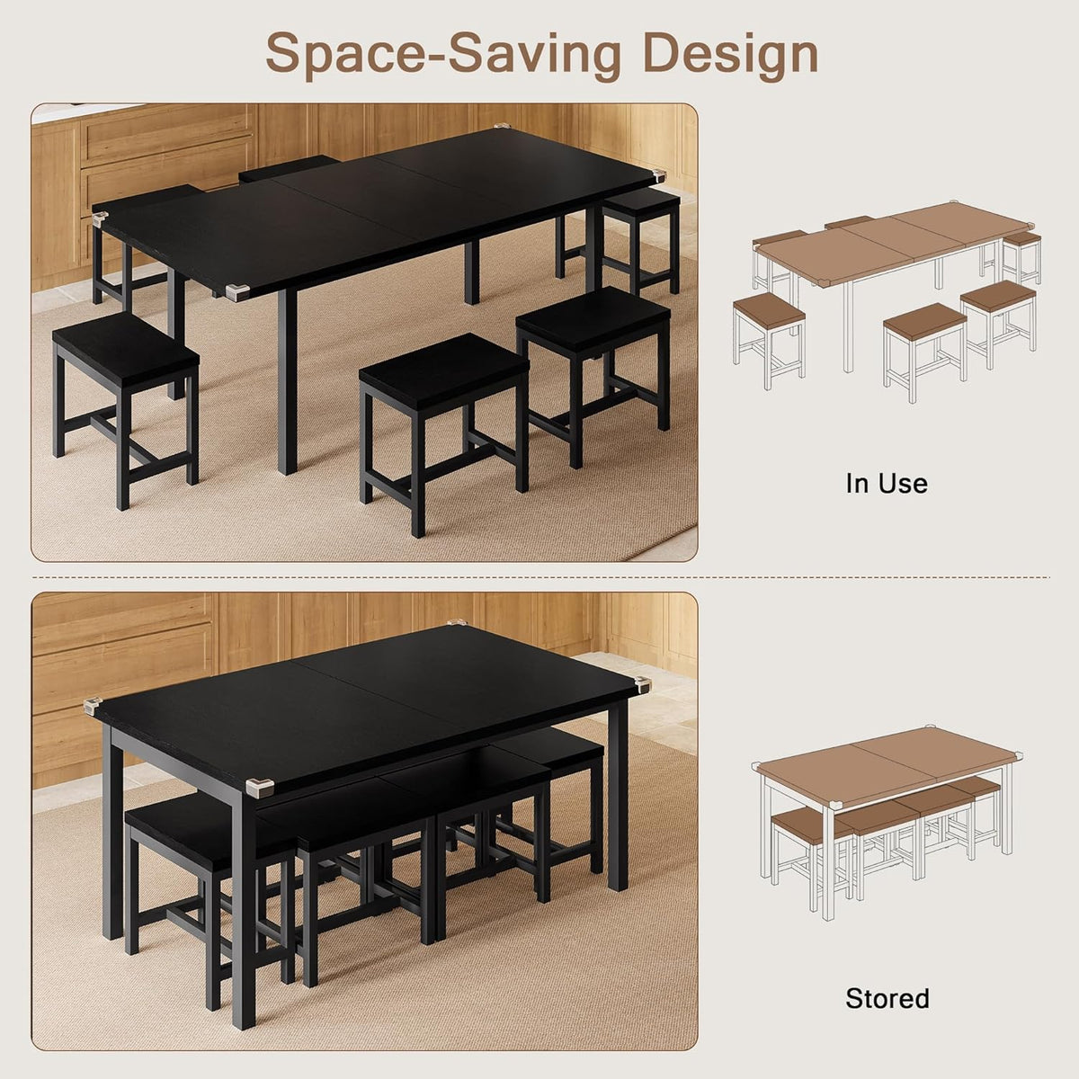 Einhomn 7-Piece Dining Table Set, 63" Extendable Kitchen Room Table with 6 Stools, Mid Century Modern Dinner Table with Metal Frame & MDF Board, Space-Saving, Easy Assembly, Black
