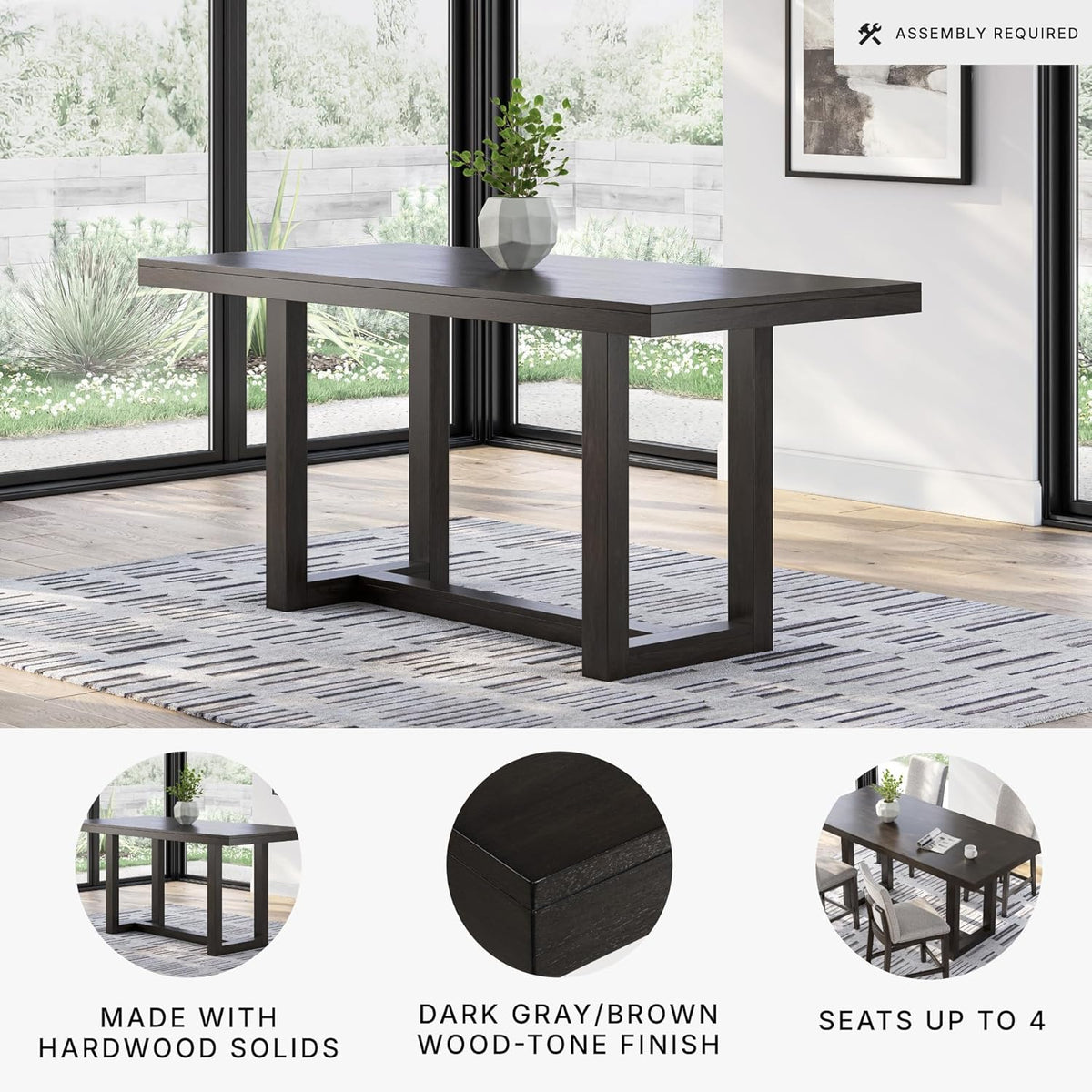 Signature Design by Ashley Neymorton Modern Counter Height Dining Table with Trestle Base, Thick Top Profile, Mango Veneer, Dark Brown Finish, Seats 4