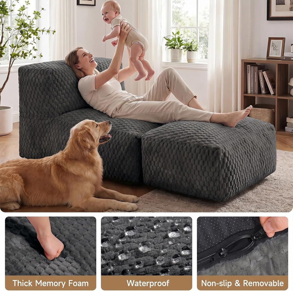 Bean Bag Chair for Adults, Plush Beanbag Sofa Couch with Memory Foam Filler, Machine Washable Cover, Comfy Lounge Chair for Small Spaces, Reading, Gaming, Living Room & Bedroom Black