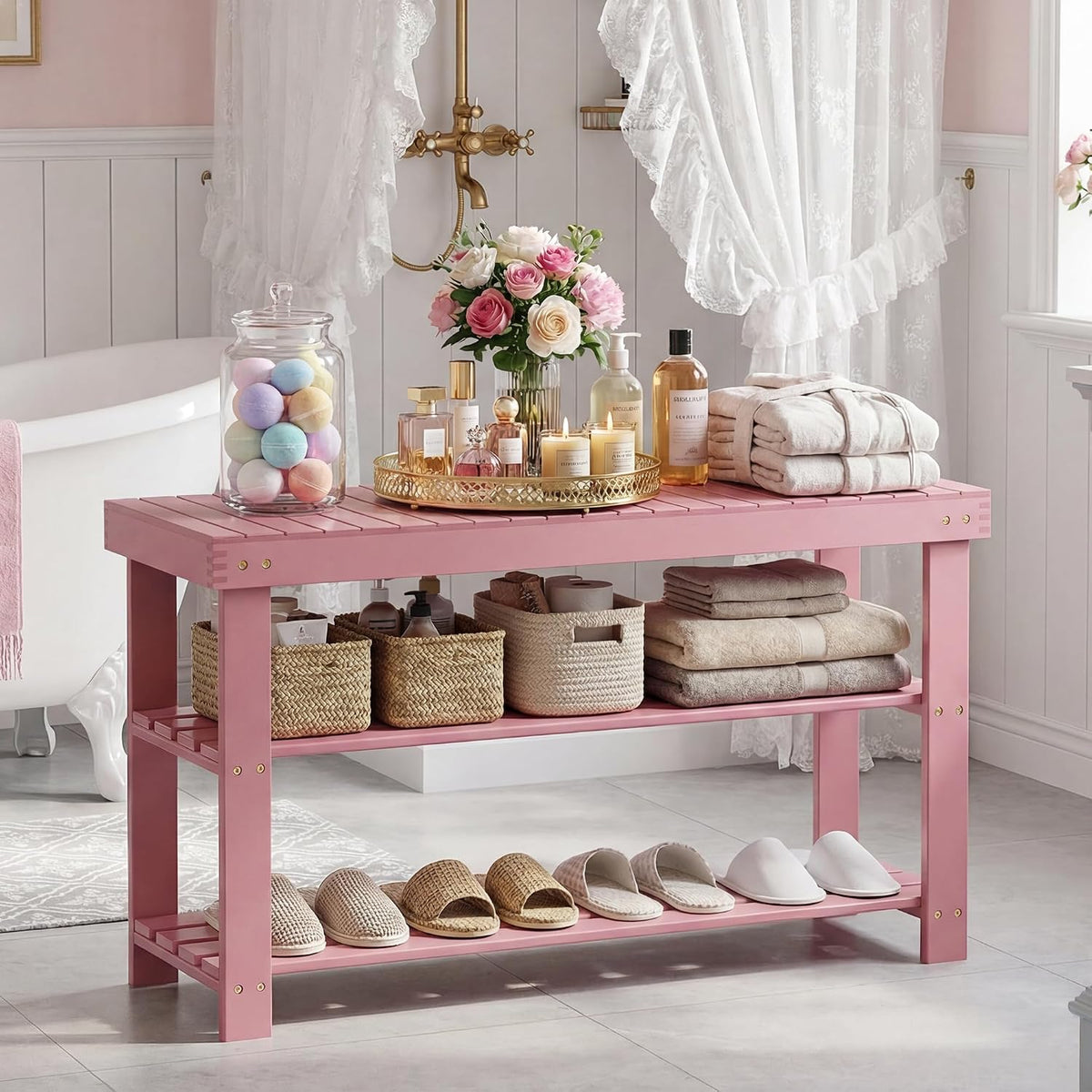 SMIBUY Bamboo Shoe Rack Bench, 3-Tier Shoe Organizer Storage Shelf for Entryway Hallway Bathroom Living Room (Pink)