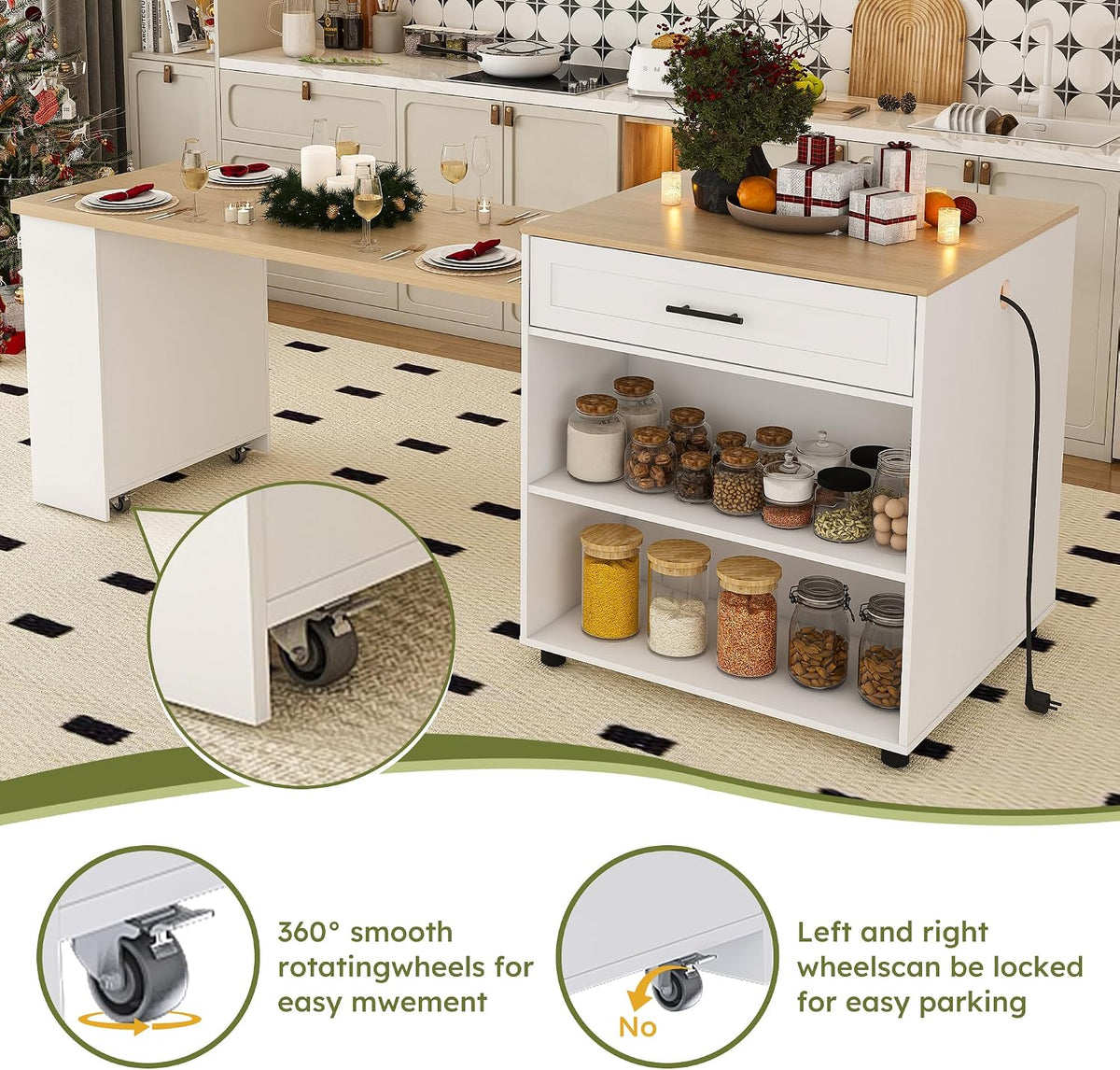 80" Kitchen Island with Extendable Dining Table, Marble-Grain Countertop with Power Outlet, Rolling Kitchen Cart with Storage Cabinet & 2 Drawers for Dining Room House Bar,Black