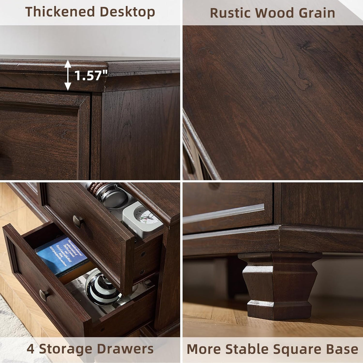 SAVOR LIFE Farmhouse TV Stands for Living Room, Walnut | Heavy-Duty Rustic Entertainment Center with 4 Drawers & Thickened Top & Square Wooden Legs for 65 Inch TV