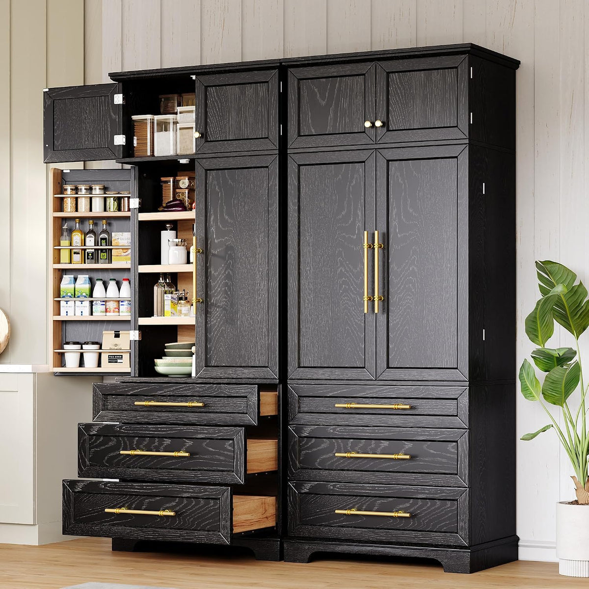 78.2" Tall Farmhouse Kitchen Pantry Cabinet with 8 Door Shelves, Storage Cupboard with 3 Adjustable Shelves, 3 Large Drawers,for Dining & Bathroom (Ash Black-J)