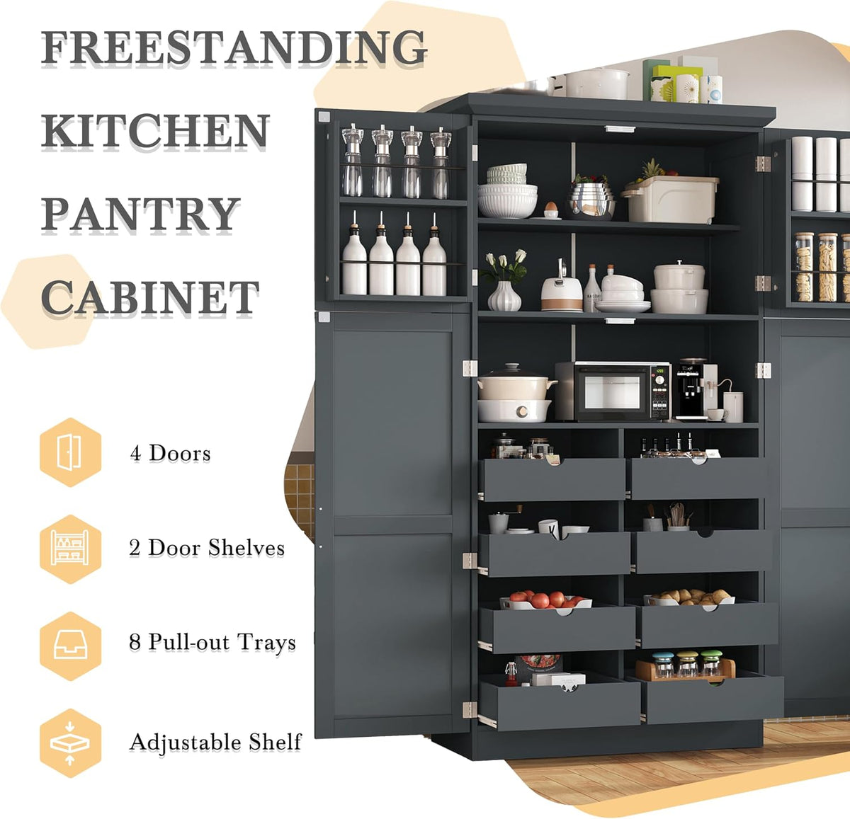 Polibi Freestanding Pantry Cabinet 35.5"x17.6"x70.9", Tall 4-Door Kitchen Storage with 8 Pull-Out Trays, 2 Door Shelves & Adjustable Shelf, for Dining Room (Gray)