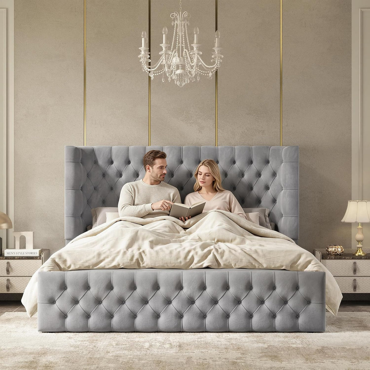 Jocisland King Bed Frame Upholstered Wingback Headboard & Footboard,Grey