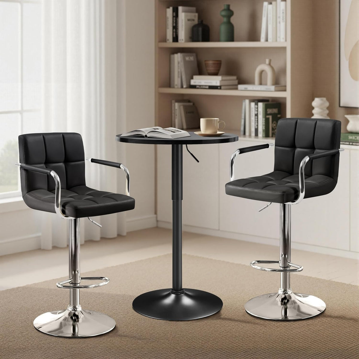 Yaheetech 3-Piece Bar Table and Stools, PU Leather Full Black | Round Pub Table and Chairs Set with MDF Tabletop and Stainless Steel Stand，Adjustable 360° Swivel for Kitchen Study