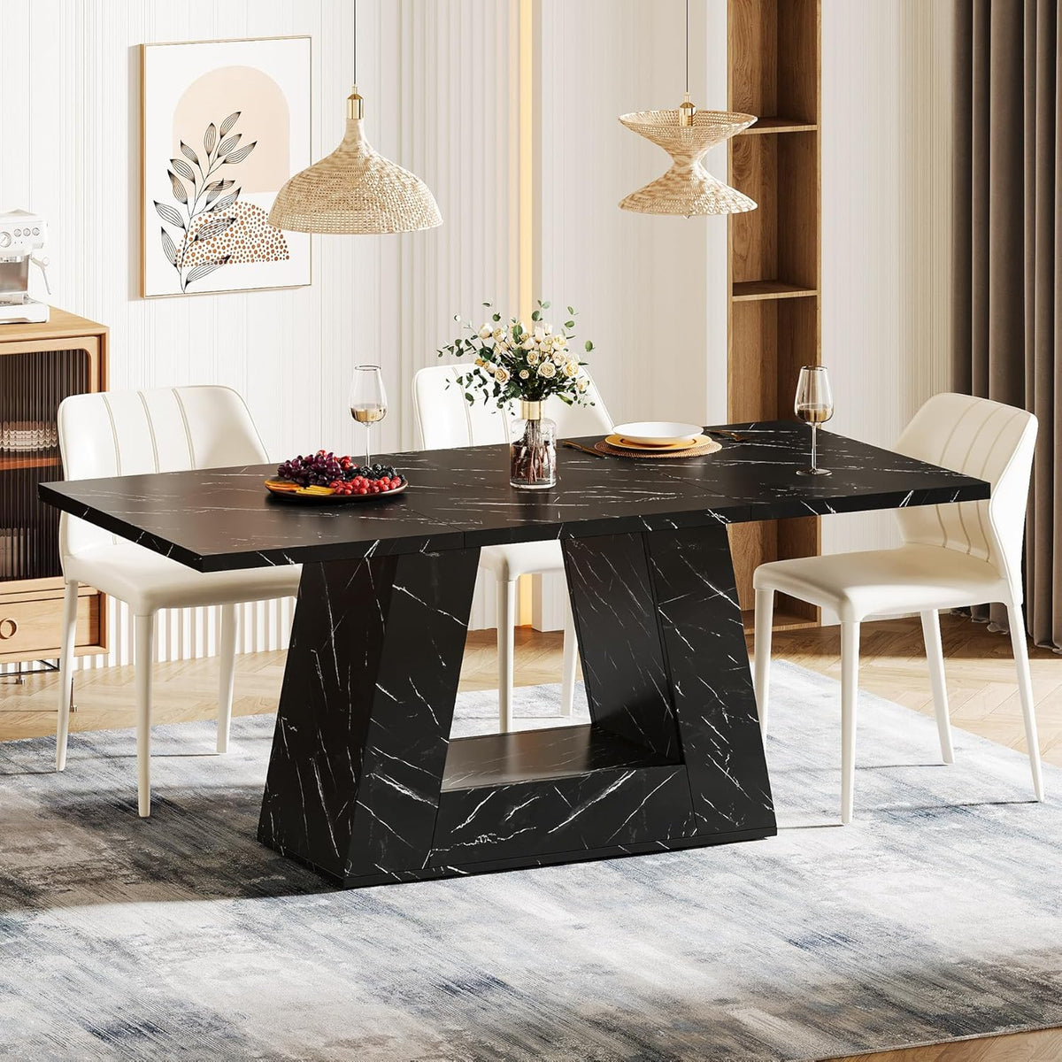 Tribesigns Dining Table for 4 to 6 People, 63" Rectangular Dining Room Table, Modern Wooden Faux Marble Dinner Table with Sturdy Base for Kitchen, Living Room, Black