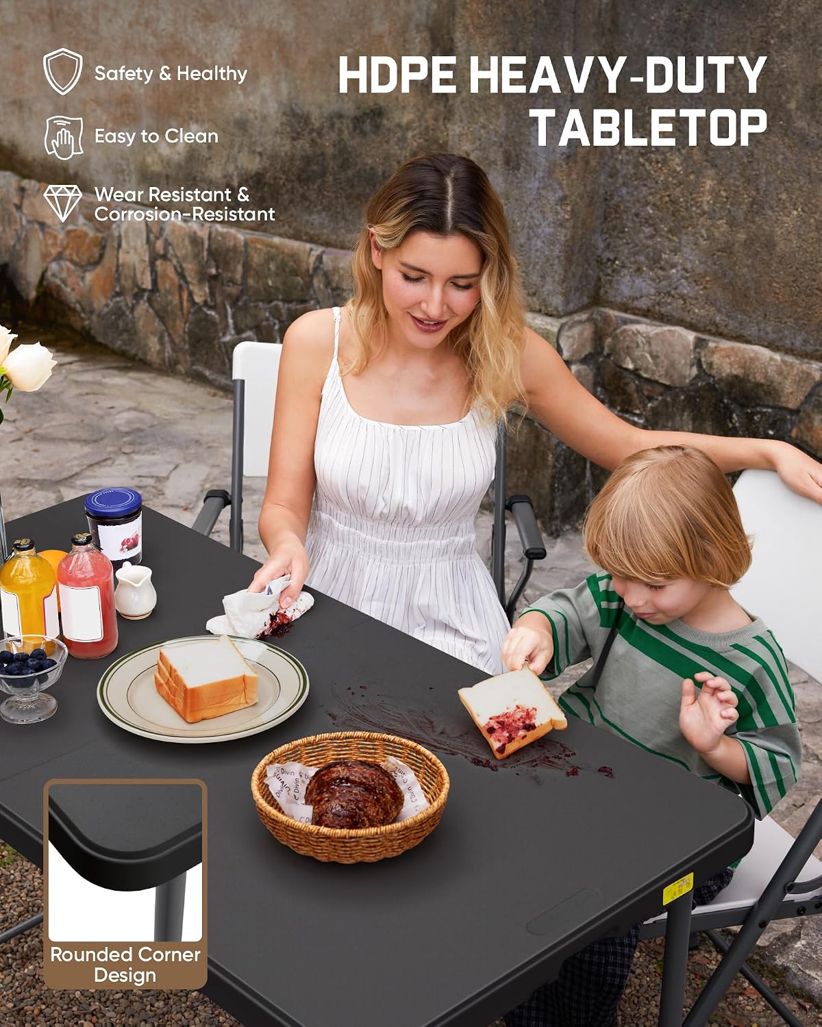 FanttikOutdoor Folding Table 4 Foot Quick Adjust Portable Plastic 4 Heights | Effortless Adjustable Height Small Card Table, Fixing Lock, Indoor Outdoor Use for Party Camping, 1 Pack Black Zeta X4 Pro