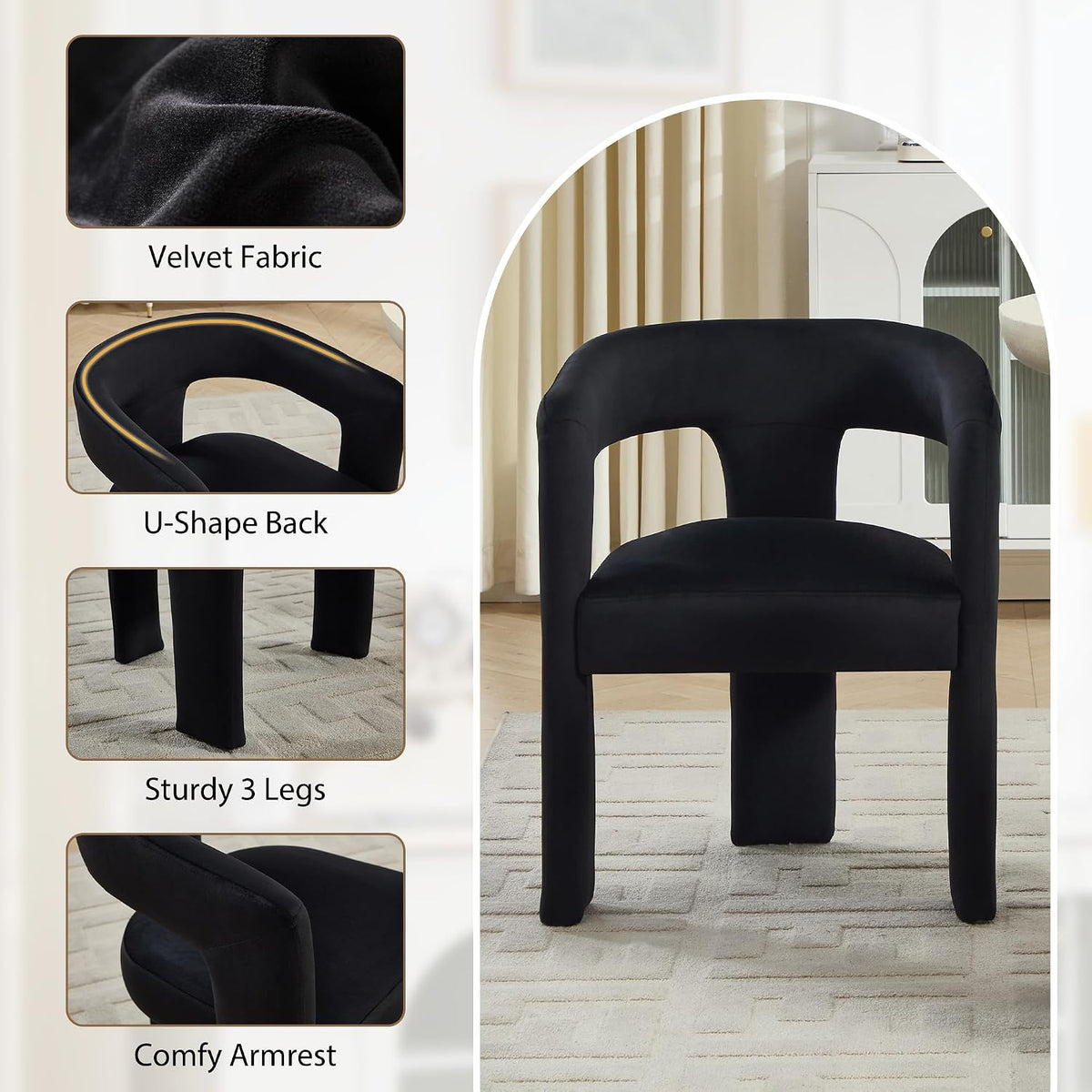 Modern Barrel Dining Chairs Set of 2, No Assembly Velvet Upholstered Dining Room Chairs with Open Back and 3 Legs, Comfy Accent Armchairs for Living Room/Bedroom/Kitchen/Reading, Black
