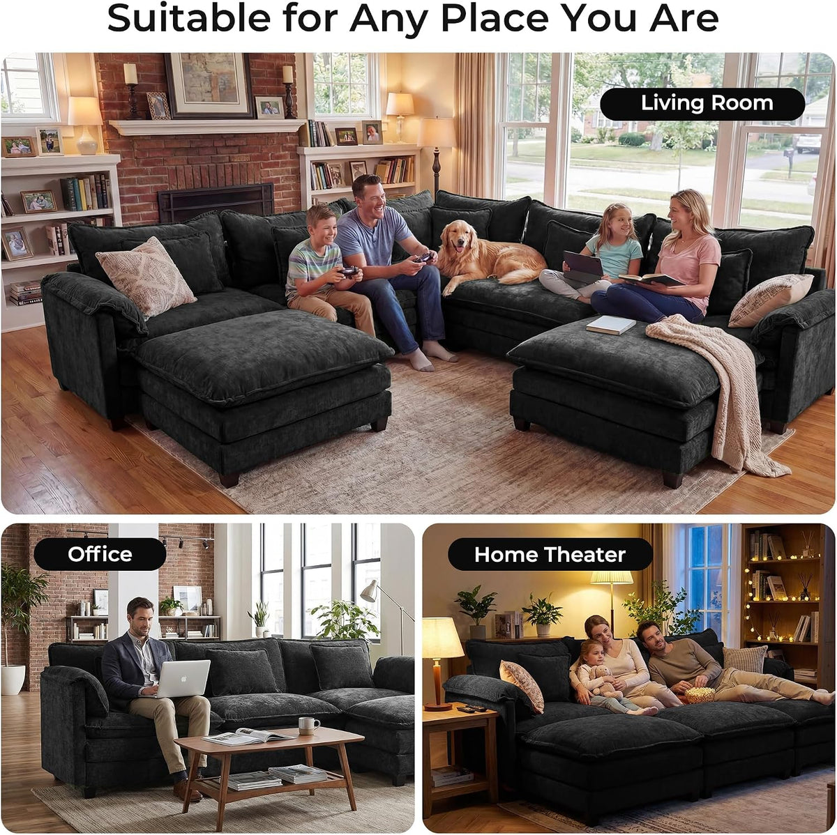 ELUCHANG 114" Oversized V-Shaped Cloud Couch Modular Sectional Sofa with Throw Pillows, 6-Seats w/Corner Comfy Double Layer Upholstered Deep Sofa for Living Room, DIY Combination, Chenille Black