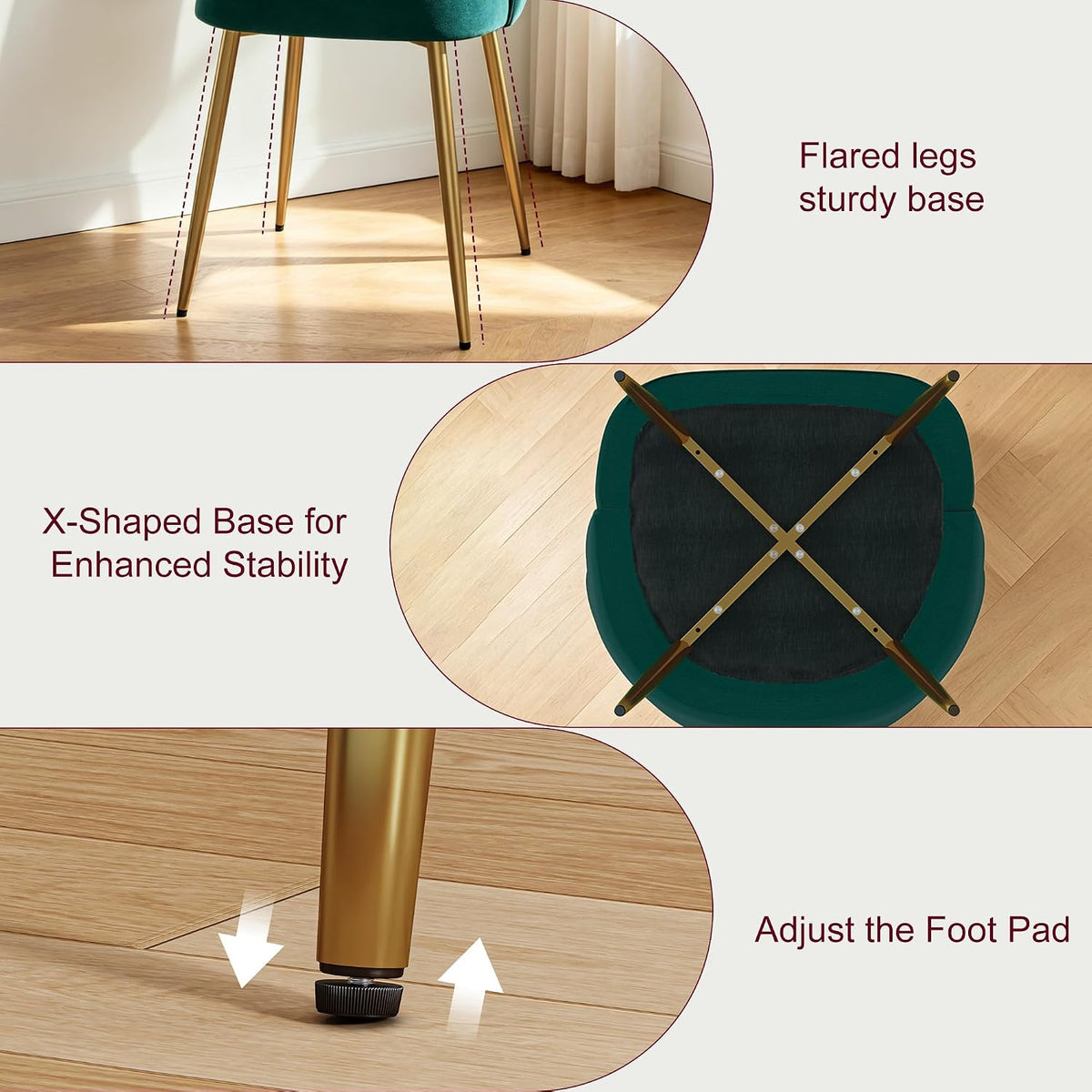VECELO Velvet Dining Chairs Set of 4, Modern Upholstered Kitchen Chairs with Thick Cushions, Curved Padded Backrest and Metal Legs, for Kitchen, Dining Room, Living Room, Green