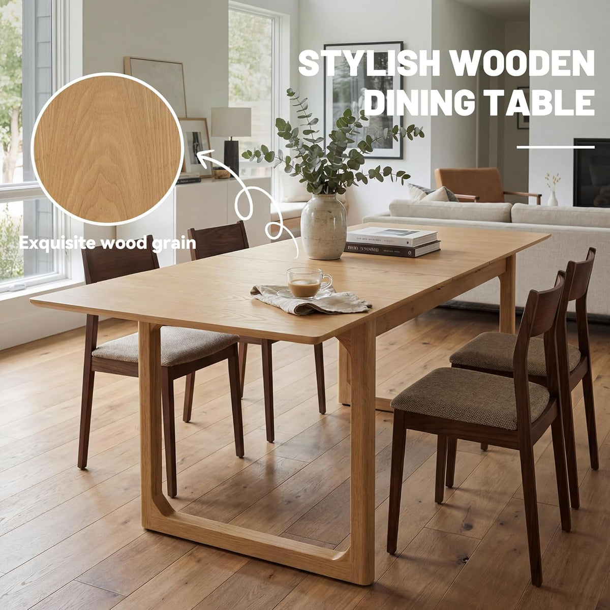 HNY Extendable Wood Dining Table for 4-8, 71" Inch Modern Rectangular Kitchen Tables with Wooden Base Farmhouse Dinner Table for Dining Room, Living Room, Home, Natural Oak
