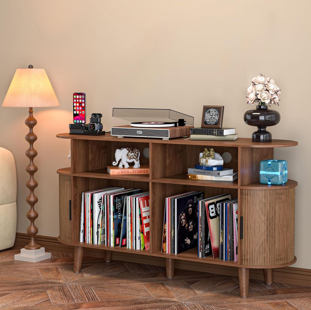LUVIOHOME Large Round Record Player Stand with Charging Station & USB Ports | Record Storage Cabinet, Mid Century Modern Turntable Stand for Bedroom Living Room