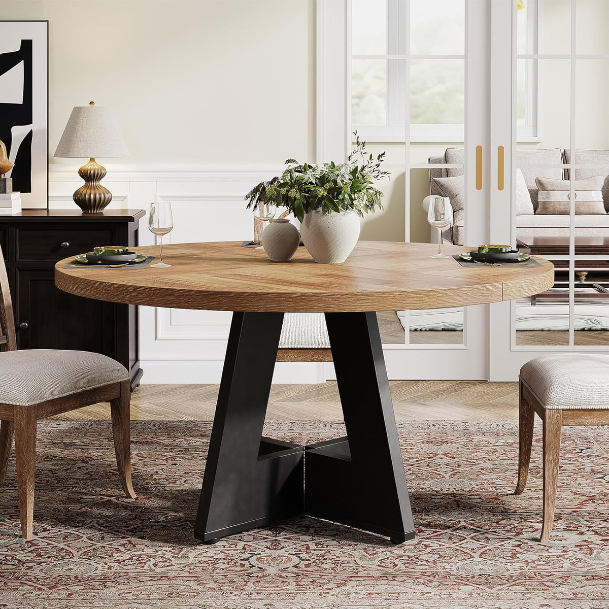 Tribesigns 47 inch Round Dining Table Wood Kitchen Table for Dining Room, 47" Dinner Room Tables for 4-6, Farmhouse Accent Furniture with Wooden Tabletop and Cross Base, Brown+Black