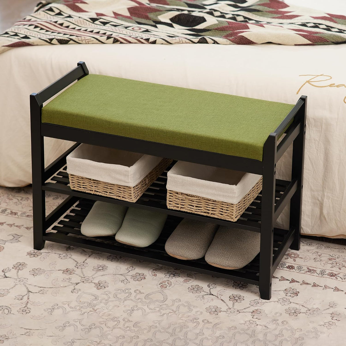 PETKABOO Shoe Rack Bench with Storage 27.6 in, Black Shoe Storage Bench with Cushion for Entryway, Hallway, Bedroom, Living Room