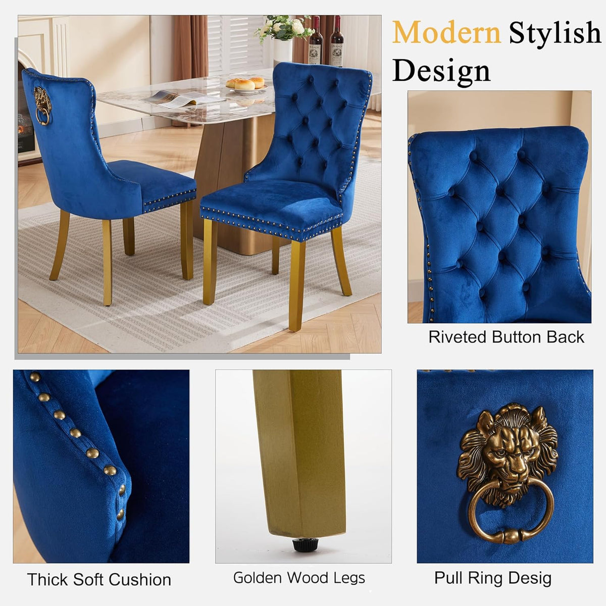 Glass Dining Room Table Set for 2, 47" Circle Glass Dining Table for 2 with Gold Metal Legs, Small Round Dining Table and Chairs Set of 2, 3 Piece Kitchen Table Set for Breakfast Dinette, Blue