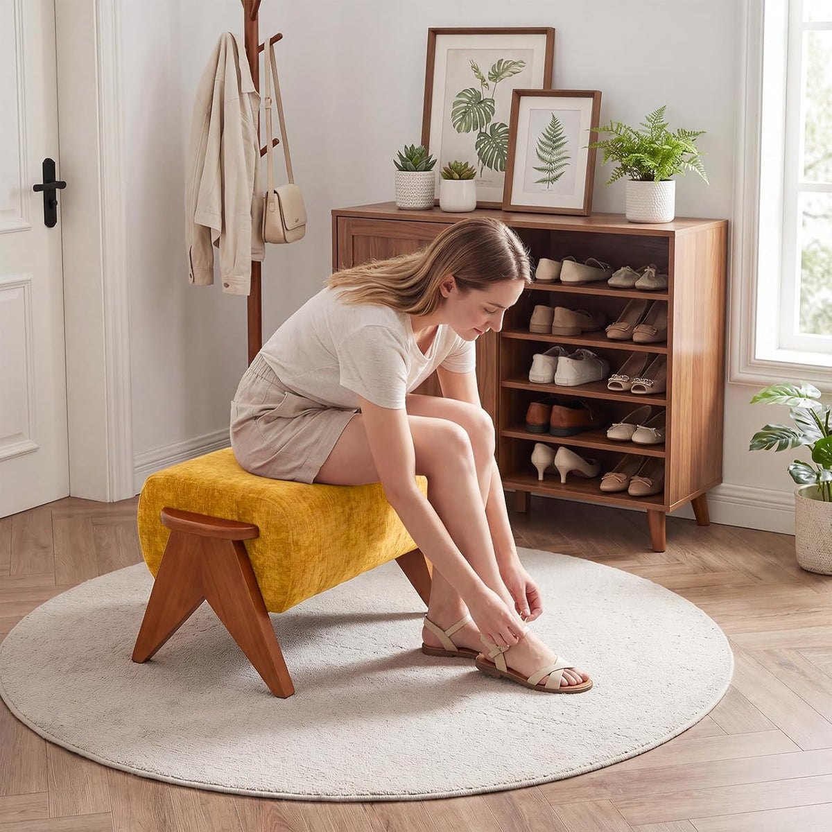Linen Padded footstools Mid Century Modern Ottoman with Wood Frame, Lounge Upholstered Ottoman, Reading Chair, Sturdy Base, Suitable for Resting Your feet on a Lounge Chair Yellow