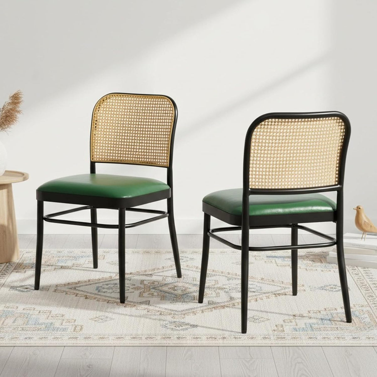 Rattan Dining Chairs Set of 4, Mid-Century Modern, Green | Cane Back Design, Faux Leather Upholstery, Boho Style, Comfortable Padded Seat, 350 LBS Weight Capacity