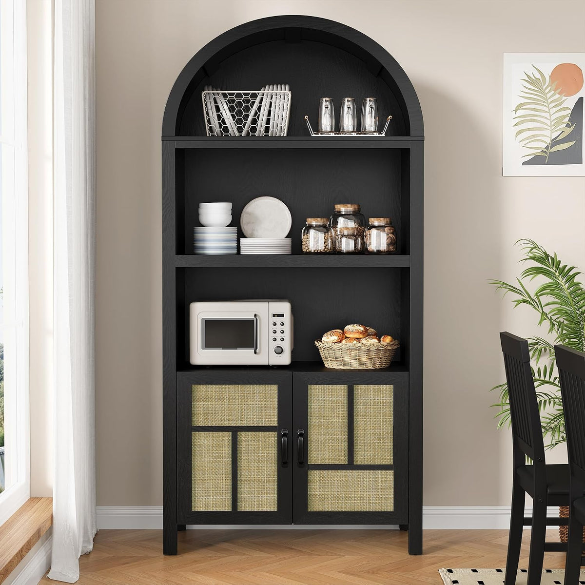 RoyalCraft Tall Arched Storage Cabinet with Rattan Door, 5-Tier Arched Kitchen Pantry with Adjustable Shelves, Black Bookshelf Bookcase Curio Display Cabinet Cupboard for Kitchen, Living Room
