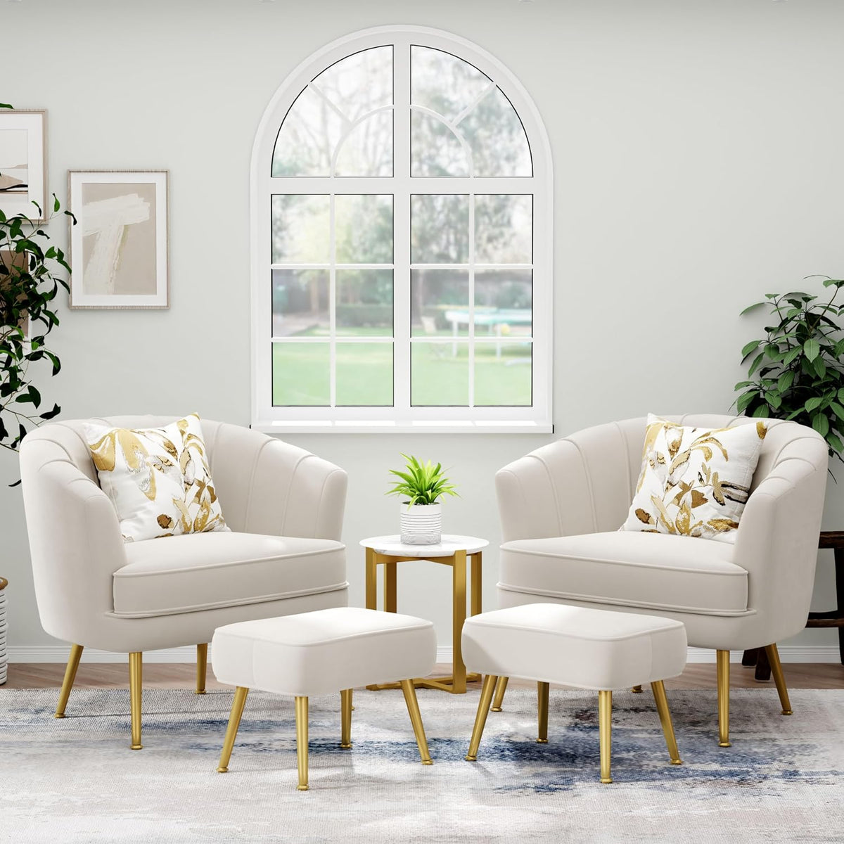 Andeworld Velvet Accent Chair with Ottoman, Barrel Armchair, Beige | Velvet Upholstery Side Chair, Includes Ottoman, Golden Metal Legs, 350 Lb Capacity, Living Room Bedroom Office