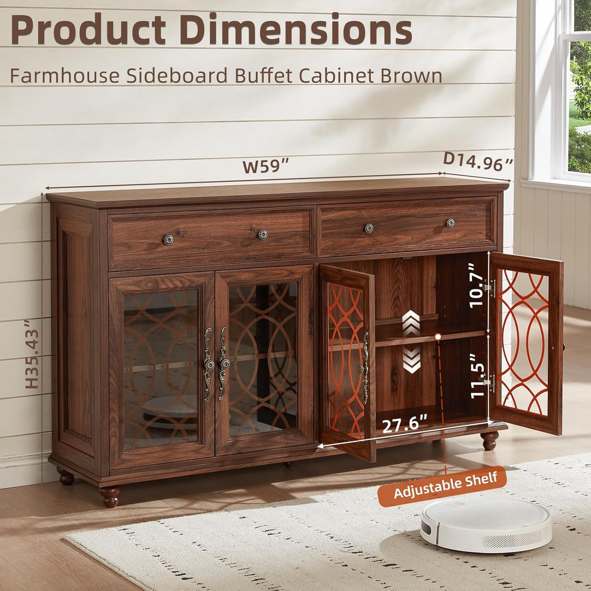 Joaxswe Farmhouse Sideboard Buffet Cabinet with Storage,59" Large Credenza with 4 Glass Doors & 2 Drawers,Adjustable Shelves Console Table,Wood Kitchen Coffee Bar for Dining Room,Living Room,Brown