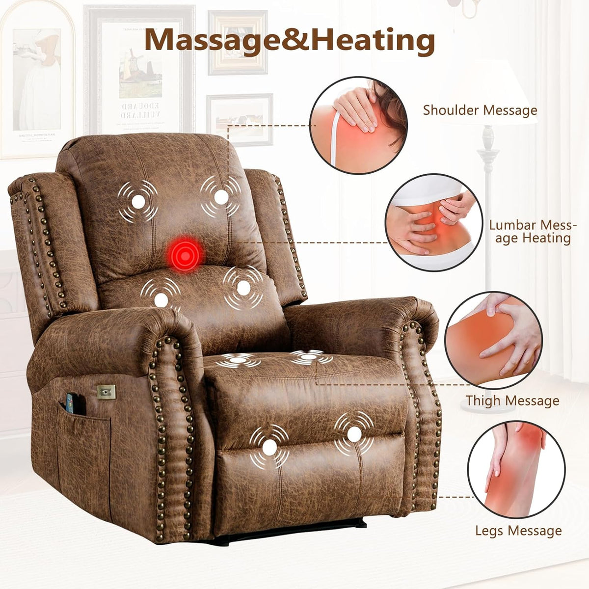 HAOMARKETS 3-Piece Power Reclining Sofa Set with Rivets, Included Electric Massage Recliners, Loveseat Couch with Console and 3-Seater Recliner Sofa, Faux Leather Living Room Furniture Set, Brown