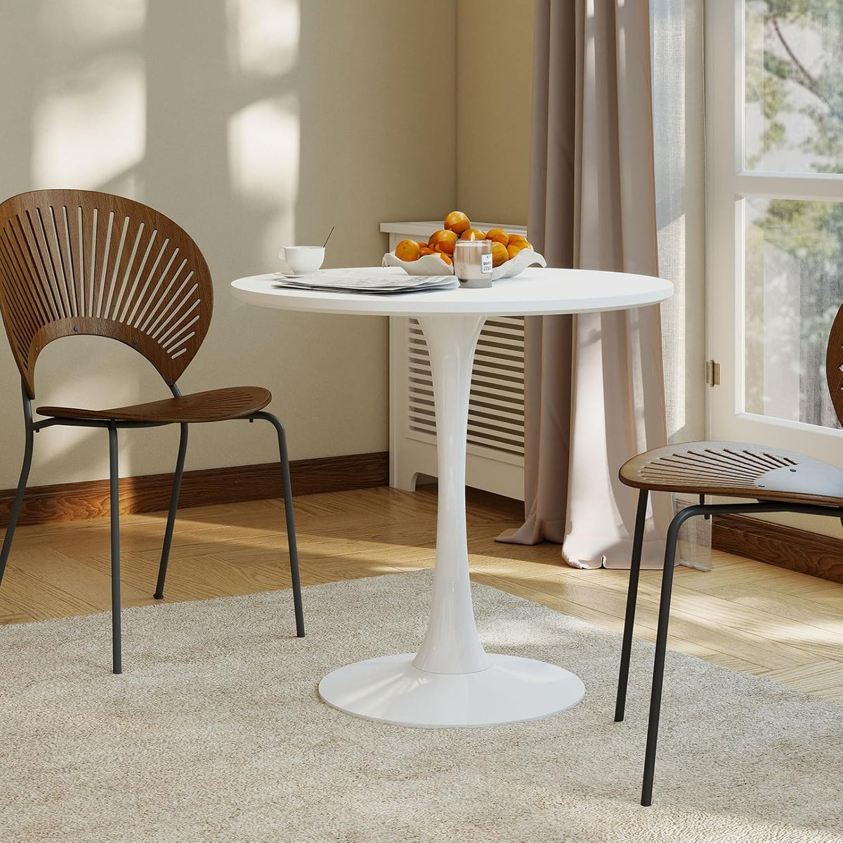 27.5" White Round Dining Table, MDF Top with Metal Pedestal Base, Modern Accent Table for Small Spaces, Kitchen, Dining Room & Living Room