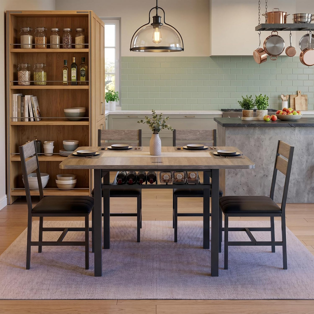 MapleGrace Extendable Dining Table Set for 4 with Storage Rack, 5-Piece Kitchen Table with 4 Upholstered Chairs, Metal Frame & MDF Board, Space-Saving for Small Apartment, Gray