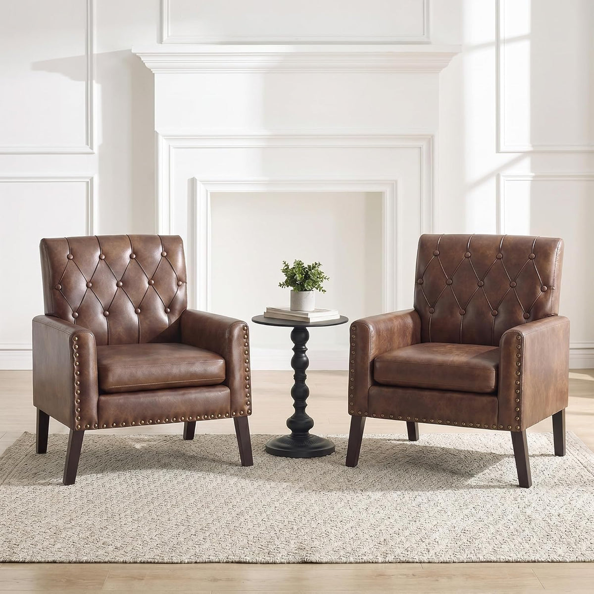 Mid Century Modern Accent Chair Set of 2, Dark Brown Faux Leather Office Chair for Reception - Tufted Leather Club Chair for Living Room, Bedroom, or Waiting Room