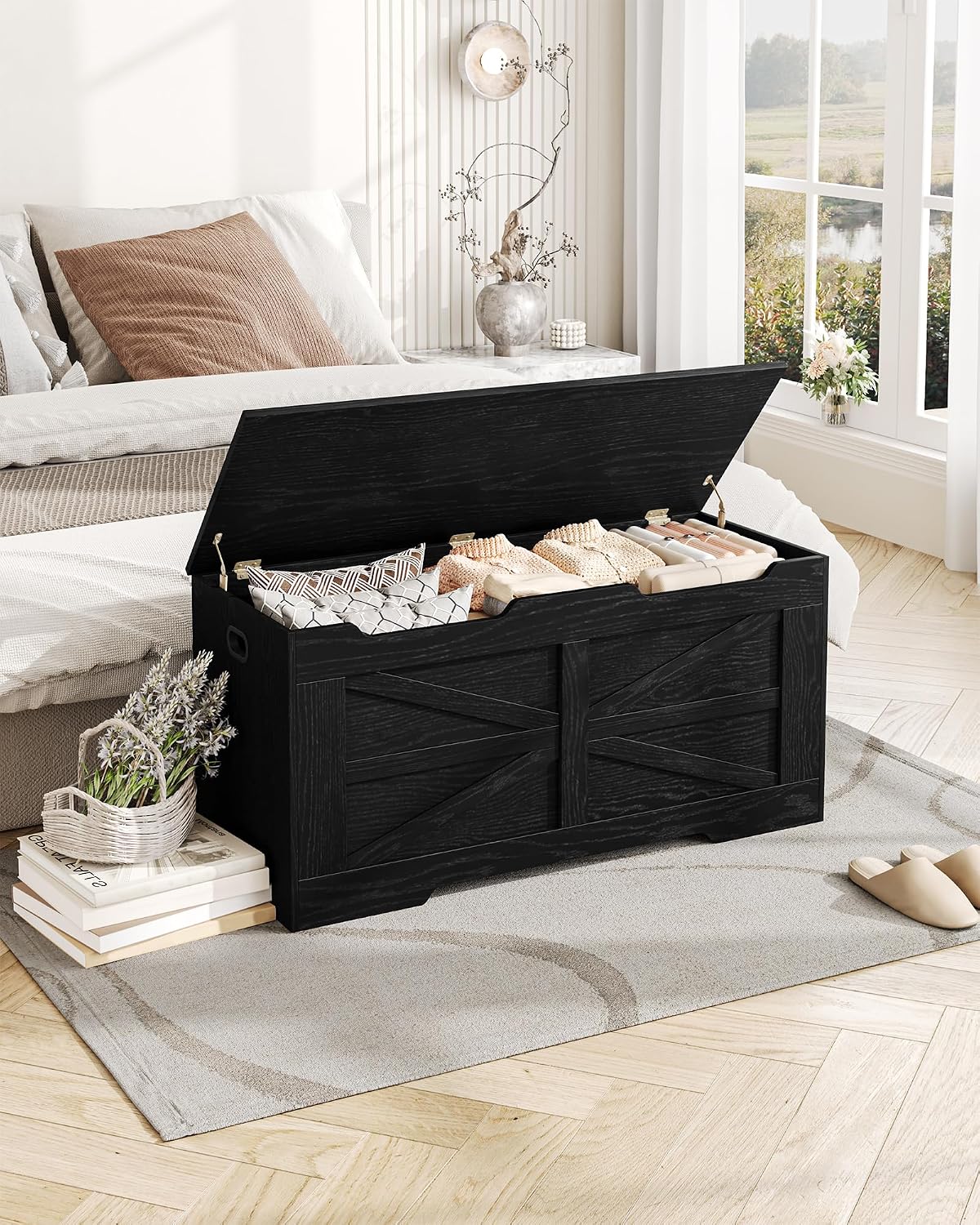 Hzuaneri 39" Modern Storage Chest | 50 Gal | 330lb Seat | Black | Soft-Close Hinges | Stuffed Animal and Blanket Storage for Bedroom, Entryway and Living Room | Easy Assembly | SB03404X