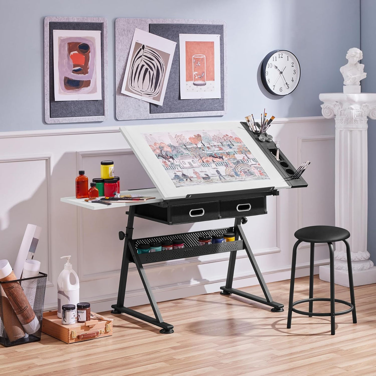 Yaheetech Adjustable Drafting Table Art Desk,Storage Drawers & Stool,White | MDF tabletop tilts 0-60° on a metal frame for drawing, crafts, and homework, with two supply drawers and a matching stool.