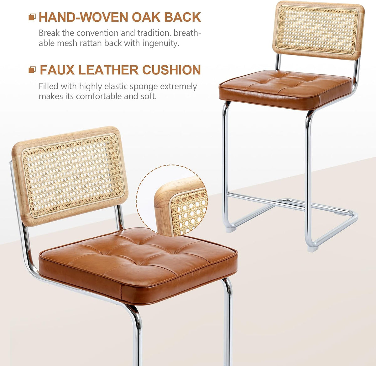 Zesthouse Natural Rattan Counter Stools Set of 2, 26" Modern Boho Barstools | Mid Century Modern Barstool with Cane Mesh & Chrome Base, Vintage Faux Leather Counter Height Chair for Kitchen Island, Brown