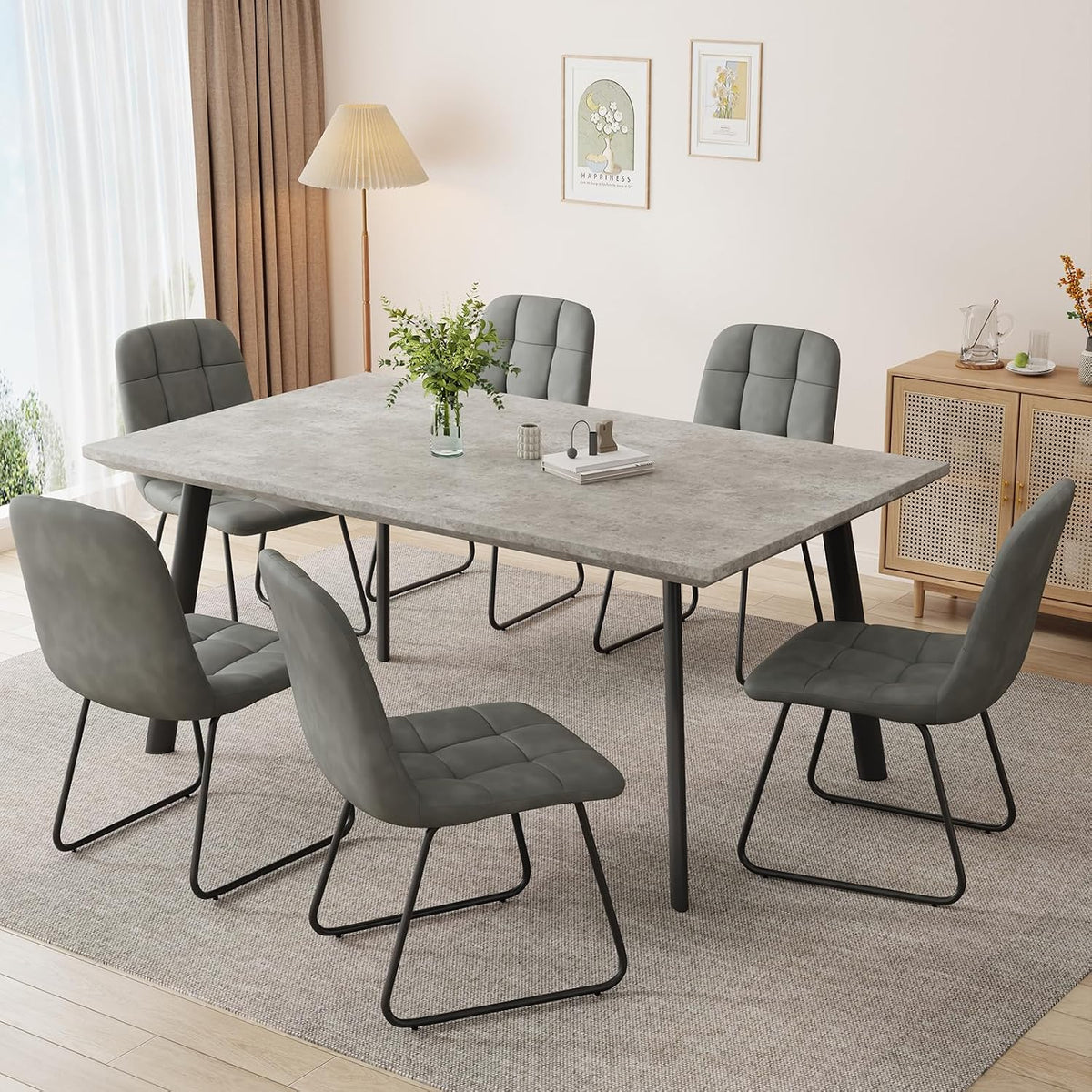 ZckyCine 46.5" Modern Grey Dining Table Set for Small Spaces, 7-Piece Set with Rectangular Table & 6 Padded Leather Chairs, Compact, Sturdy & Easy to Assemble (Table + 6 Gray Dining Chairs, 46.5")