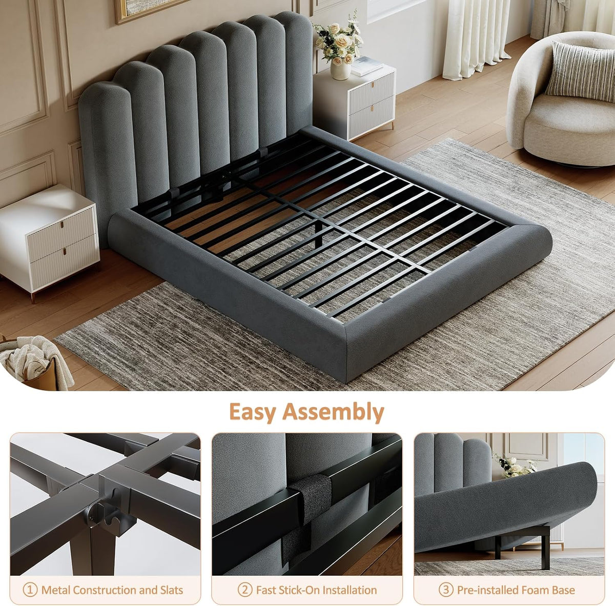 Queen Size Cloud Bed Frame with Wave Headboard, Plush Foam Upholstered Platform, Soft Rounded Safety Corners, No Box Spring Required, Noise-Free, Easy Assembly, Grey