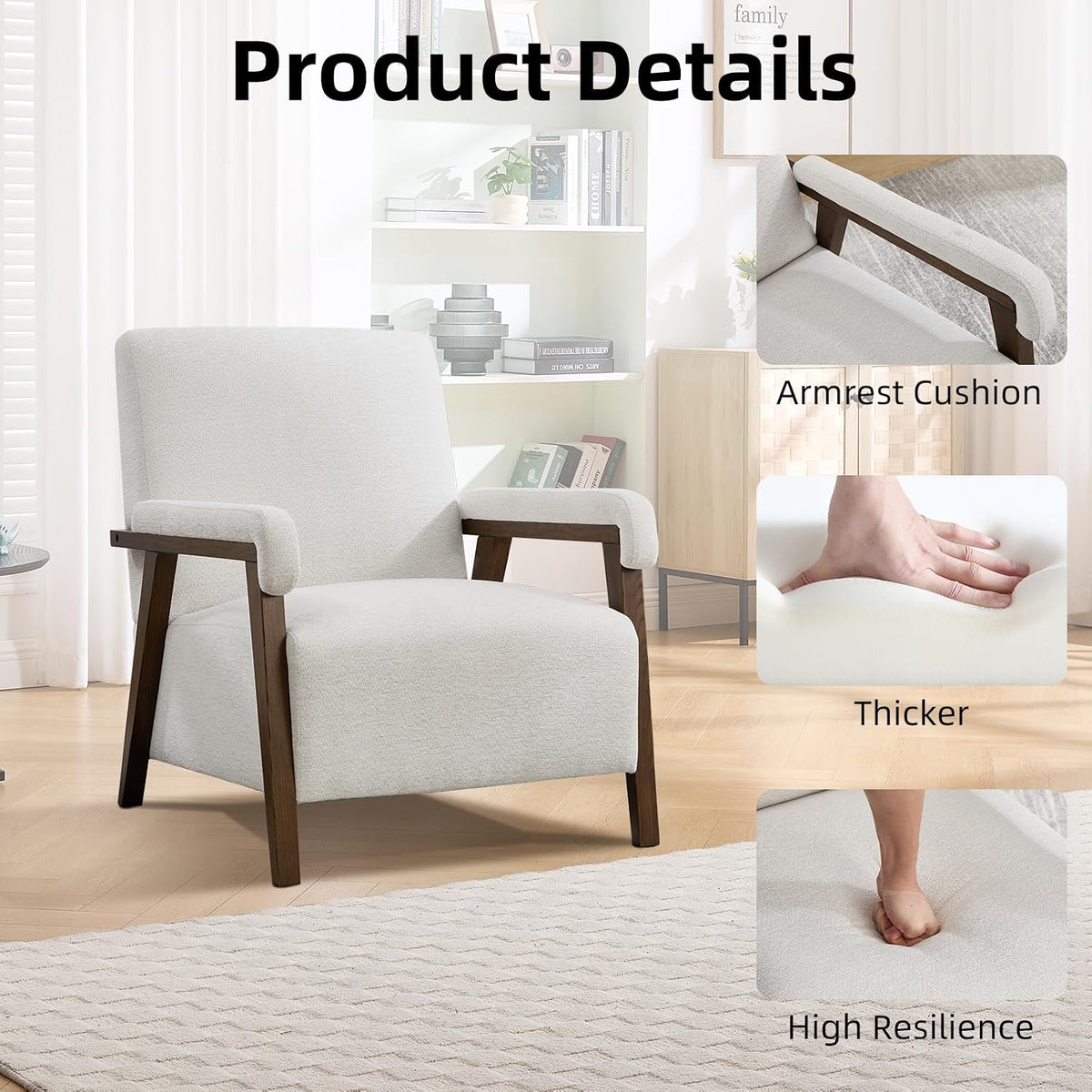 CANMOV Mid Century Modern Accent Chair, Upholstered Reading Armchair with Solid Wood Frame, Soft Fabric, Easy Assembly Sofa Chair for Bedroom, Living Room & Cafe (1, Crem White)