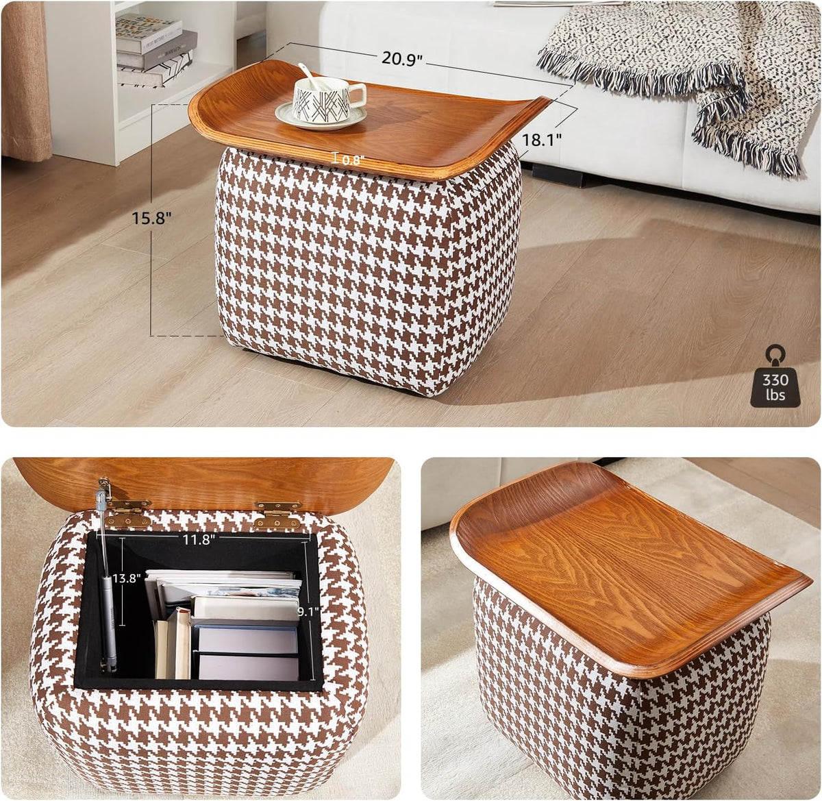 zyz 21 Inch Square Storage Ottoman Coffee Table, Modern Ottoman with Flip-Top Lidm, Solid Wood Panel, Houndstooth Fabric Footstool, Accent Ottoman for Living Room, Bedroom, Corners, Entryways (Brown)