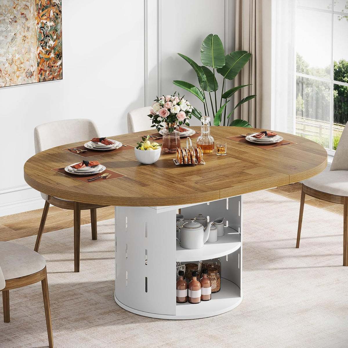 43.3in-59in Extendable Round Dining Table for 4-6, Modern Oval Dining Table with Storage Shelf & White Metal Frame, Space-Saving Expandable Table for Kitchen & Living Room, Oak