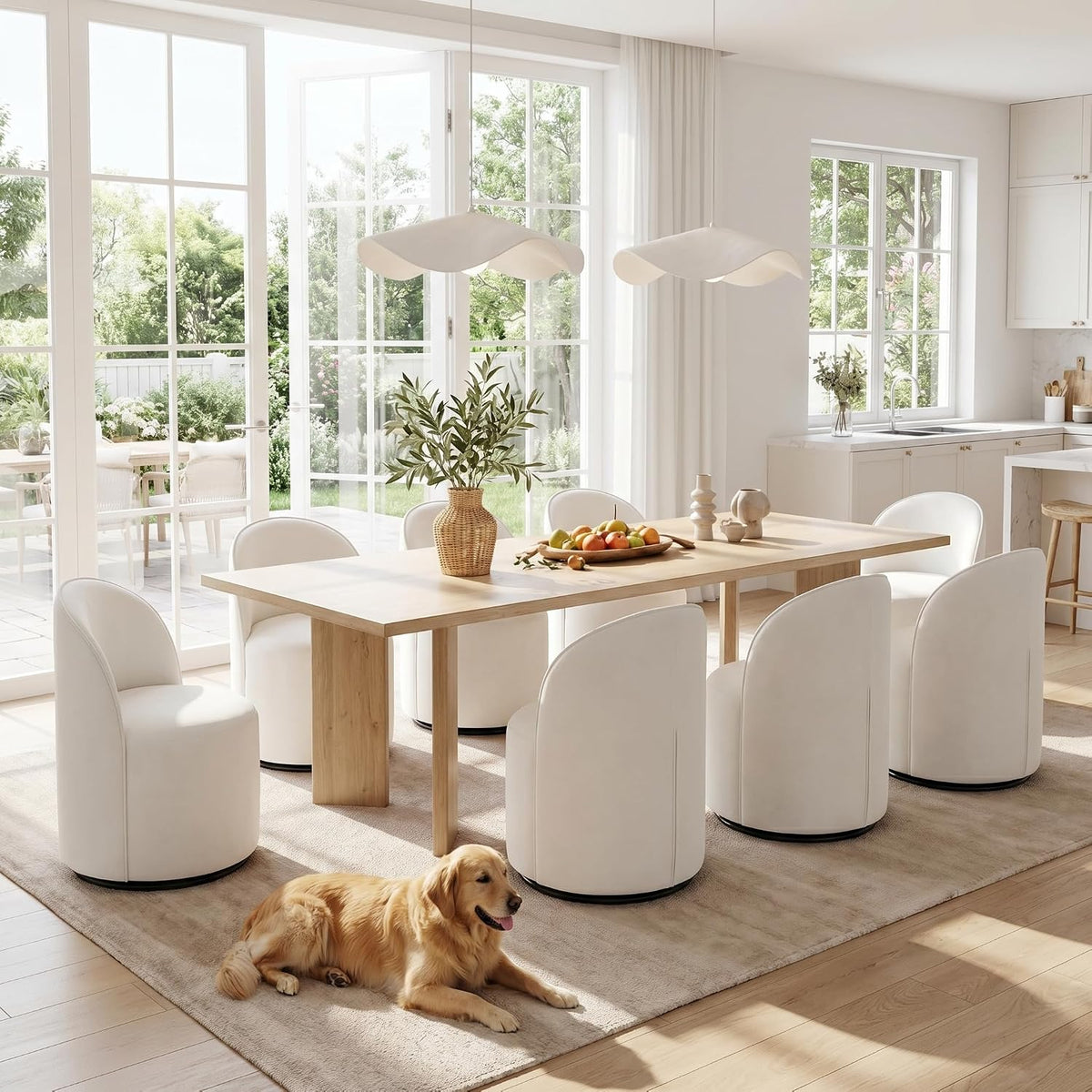 HNY Upholstered Swivel Dining Chairs Set of 6, Mid Century Modern Kitchen Round Velvet Dining Room Chairs, Barrel Comfy Armless Accent Makeup Vanity Side Chairs for Living Room, White