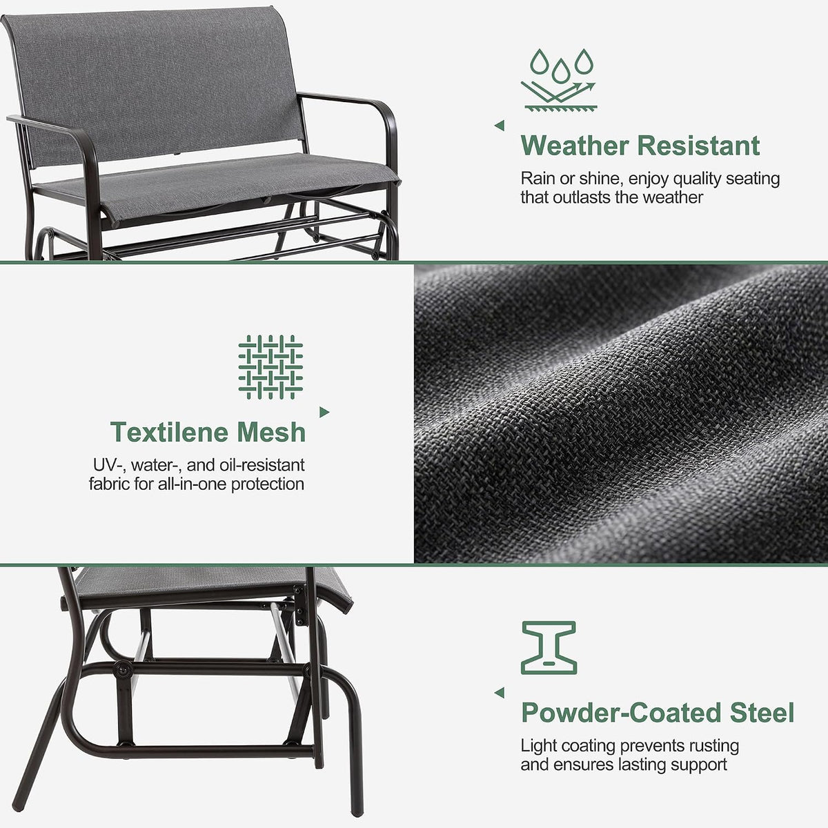 Shintenchi 2-Person Outdoor Glider Bench with Breathable Fabric, Steel Frame Patio Swing Chair, Ergonomic Design Metal Rocking Bench Loveseat for Patio, Backyard, Poolside, Gray
