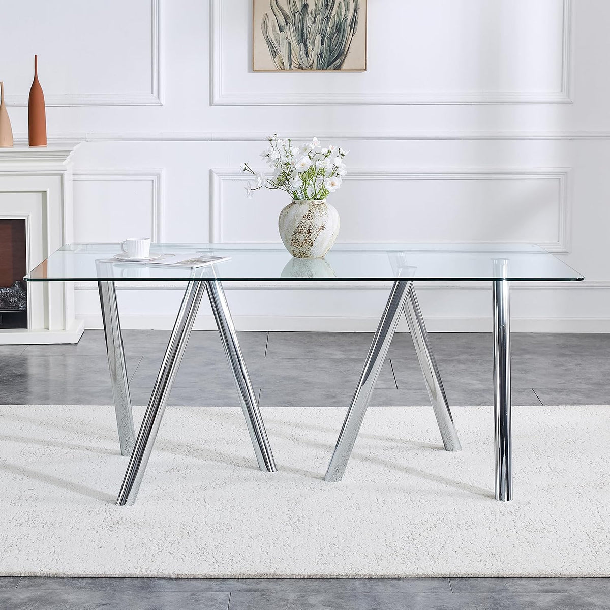 Glass Dining Table for 4 6 8 Pepole,71 Inch Rectangle Kitchen Dining Room Table with 0.39" Thick Tempered Glass Tabletop & Metal Legs, Modern Glass Top Silver Dinner Table for Dining Room