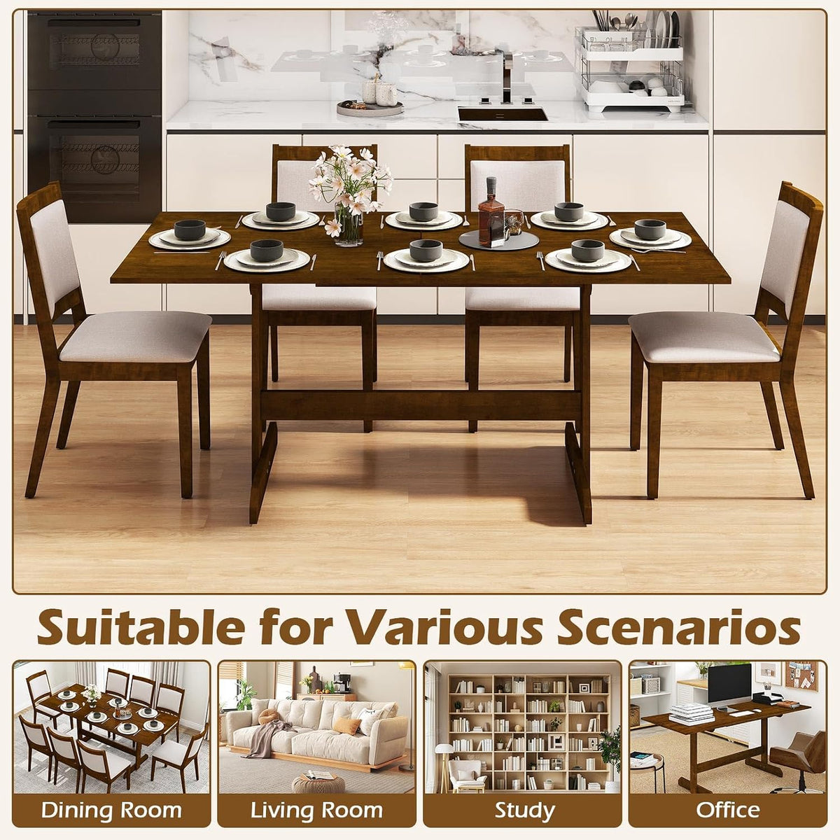 Giantex 71" Dining Table for 6-8, Large Kitchen Table with H-shaped Rubber Wood Leg and Wood Grain Tabletop, Reinforced Back Support, Non-slip Foot Pads, Dinner Tables for Living Room, Office, Dinette