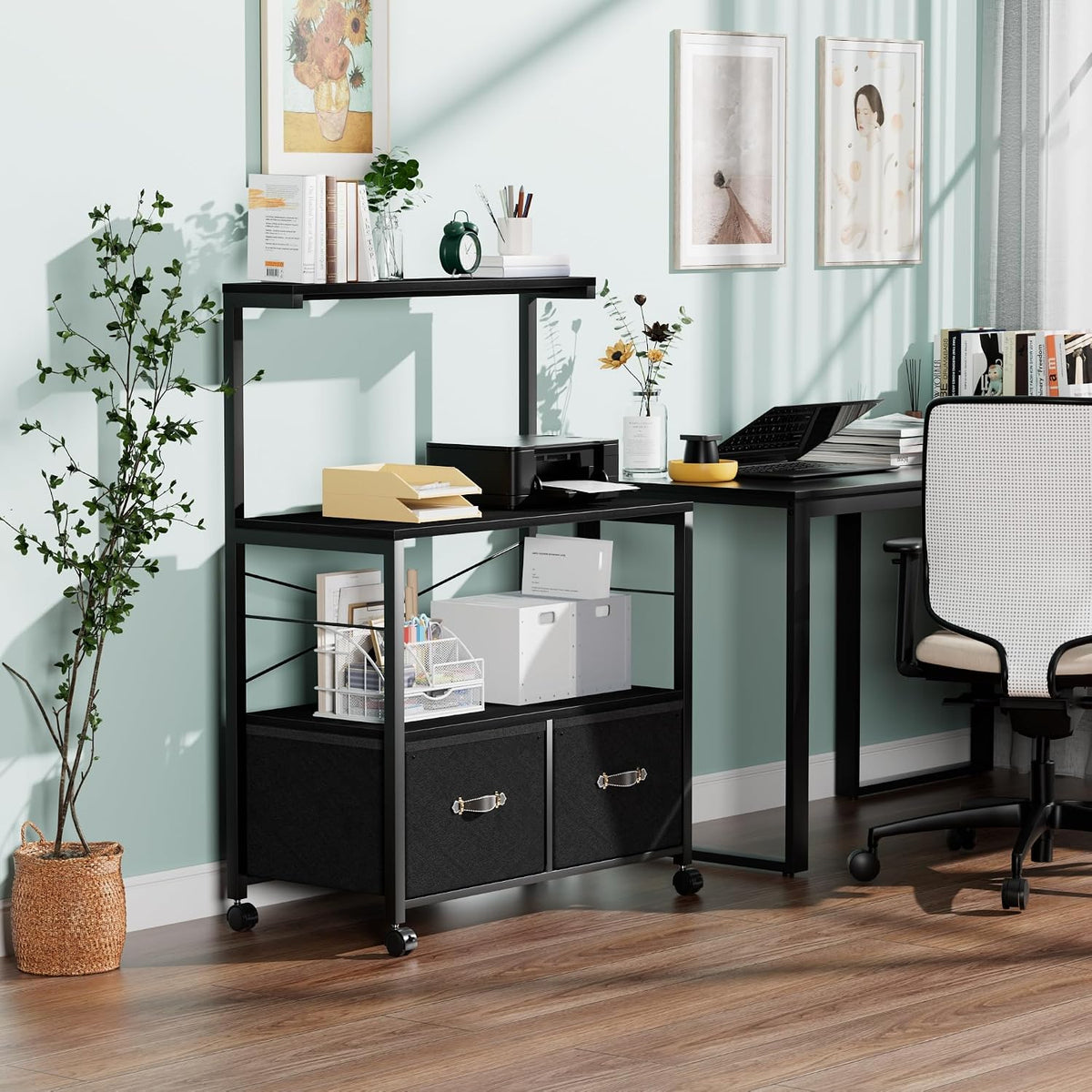 VECELO Mobile Filing Cabinet on Lockable Wheels,Under Desk Organizer with Hanging File Folder Organizer,Beside Under Desk for Office Home,No Bend Over, Fits Letter Size, Black