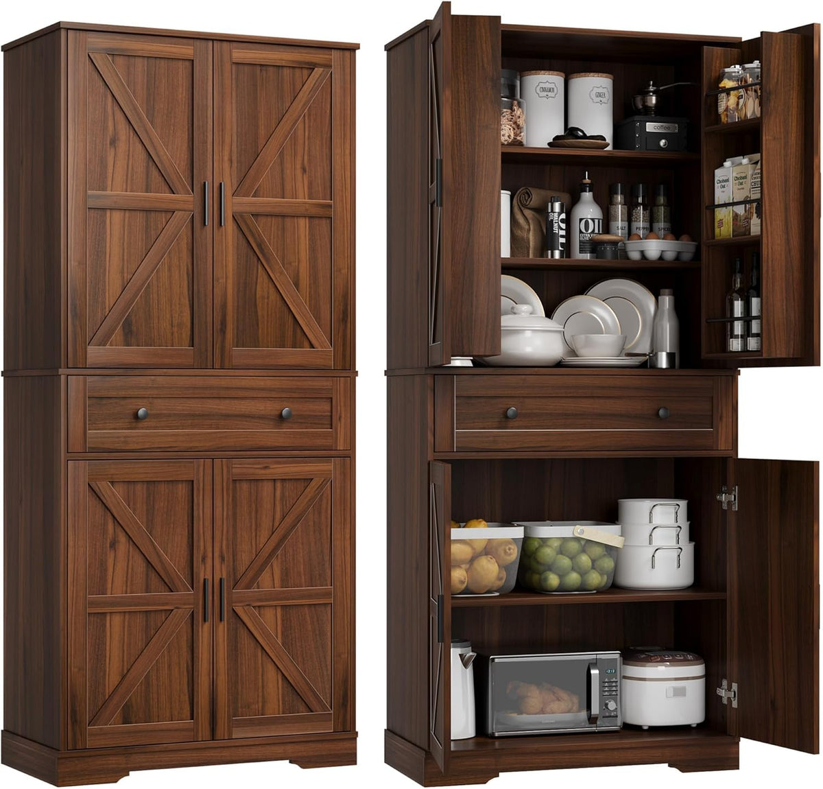 Garvee 71" Kitchen Pantry Cabinet, Barn Door Freestanding Cupboard with Drawer, Sliding Storage Rack, and 6 Hanging Shelves for Kitchen, Dining Room, Living Room Bedroom