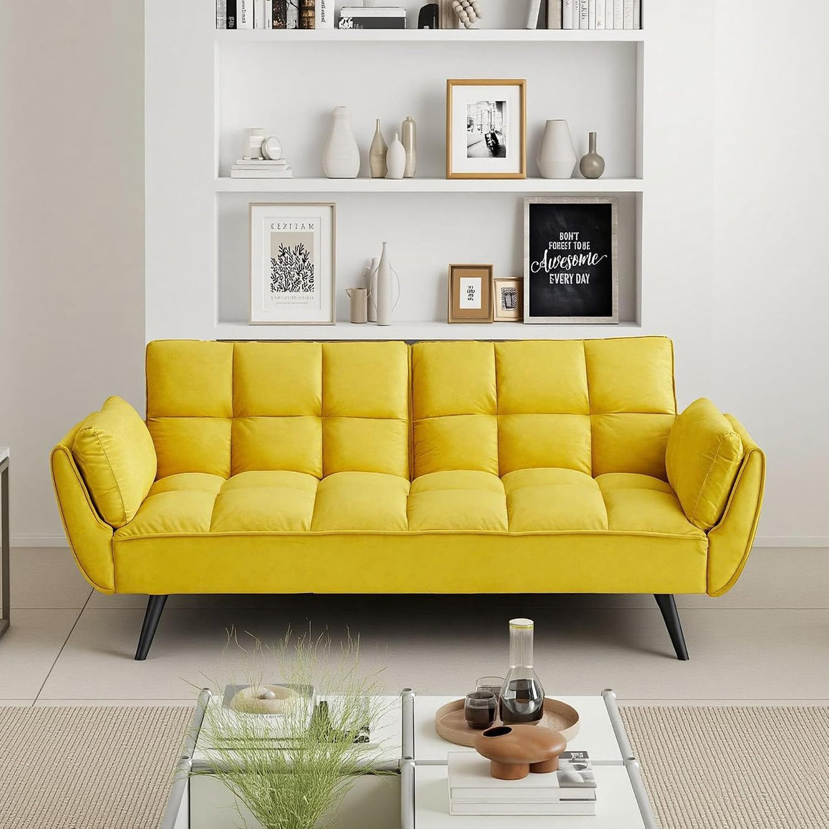 Convertible Folding Sofa Bed Futon,Modern Velvet Sleeper Bed Couches with 4 Adjustable Backrest Armrest,74"Comfy Recliner Sofa Loveseat with Chrome Legs for Living Room Apartment Small Home (Yellow)